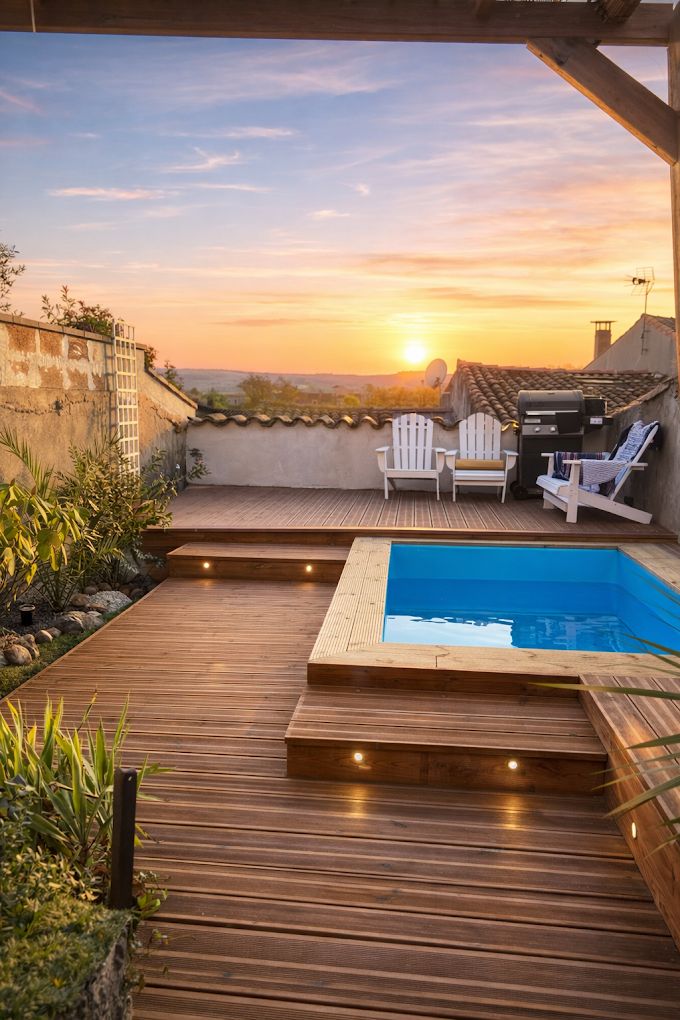 Terrasse en bois et piscine réalisées par Entreprise Felicioni au coucher du soleil, ouest toulousain